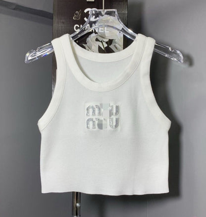 MIU MIU CROPPED SILVER LETTERS TOP