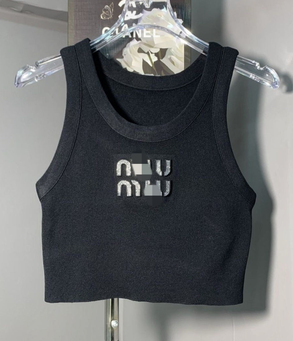 MIU MIU CROPPED SILVER LETTERS TOP